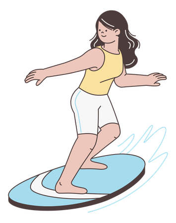 海でサーフィンをする女性  イラスト