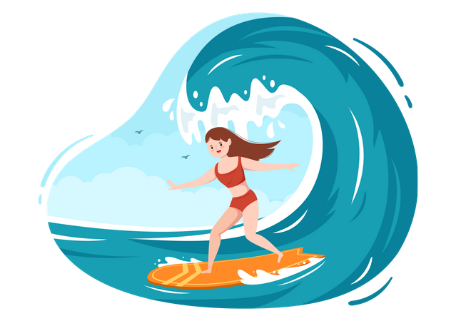 Woman surfing in sea Illustration