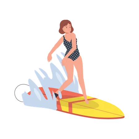 Woman Surfing with Surfboard  일러스트레이션