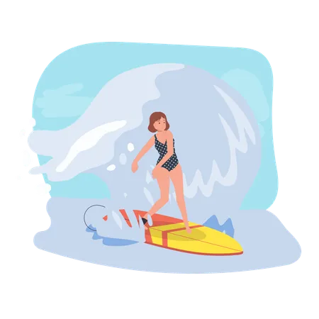 Outdoor Water Sports Action Woman Surfing With Surfboard On Big Wave Illustration