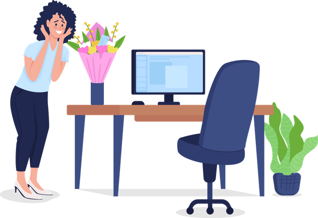Woman surprised by bouquet at workplace Illustration