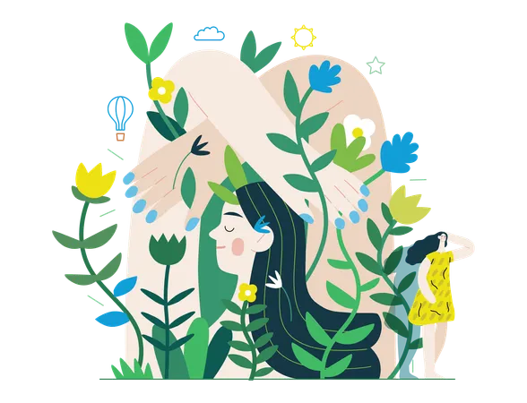 Greenery Ecology Modern Flat Vector Concept Illustration Of A Mural Of A Woman Surrounded By Plants Metaphor Of Environmental Sustainability And Protection Closeness To Nature Illustration