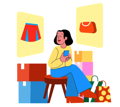 Woman Surrounded by Shopping Bags and Boxes  Illustration