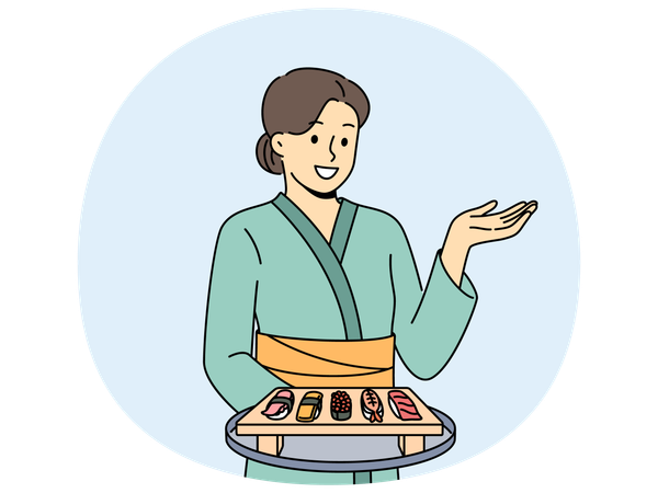 Woman sushi master with maki appetizer on wooden tray dressed in traditional asian kimono  Illustration