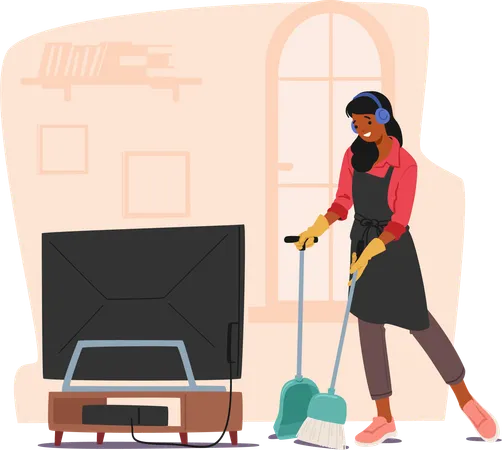 Graceful Woman Sweeps The Floor Lost In Rhythm Of Melodies With Each Sway Of The Broom Female Character Dances Through Chores A Symphony Of Domestic Serenity Cartoon People Vector Illustration Illustration