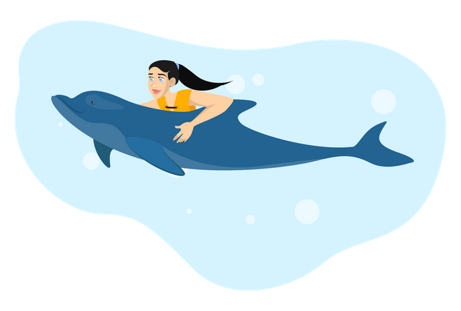 Woman Swim With Dolphin  Illustration