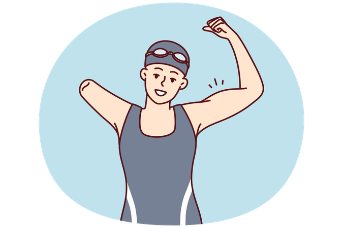Woman swimmer with one arm showing strength by showing biceps as sign of victory  Illustration