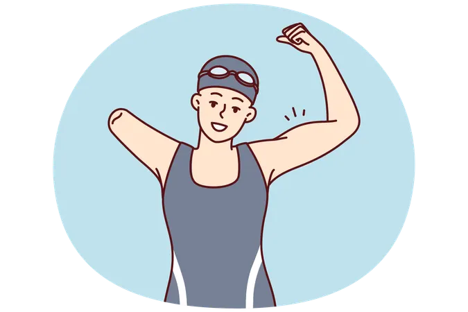 Woman swimmer with one arm showing strength by showing biceps as sign of victory  Illustration