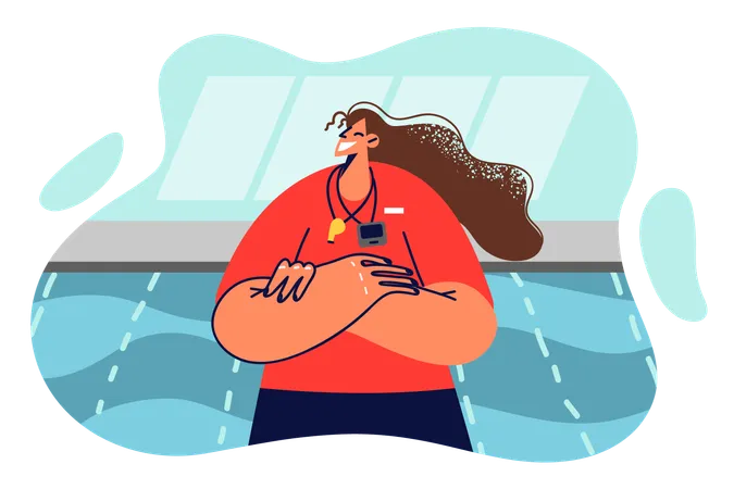 Woman Swimming Coach Stands With Arms Crossed Near Pool To Train Young Swimmers Smiling Girl Coach Invites You To Visit Fitness Club With Large Pools And Learn How To Swim Correctly Illustration