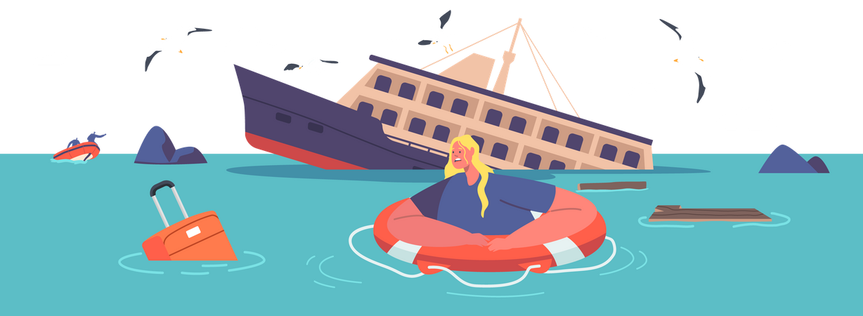Woman swimming on water while looking for help Illustration