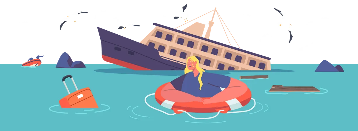 Woman swimming on water while looking for help Illustration