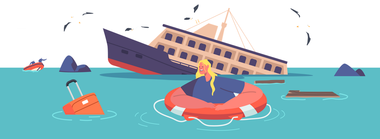 Woman swimming on water while looking for help  Illustration