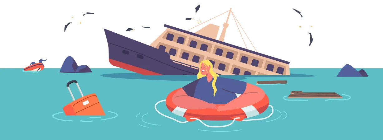 Woman swimming on water while looking for help  Illustration