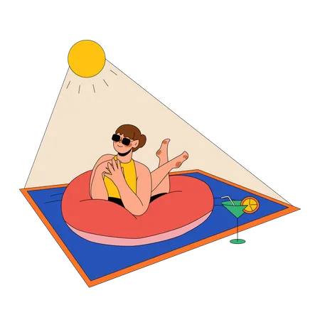 Woman Swims In A Pool With A Cocktail  Illustration