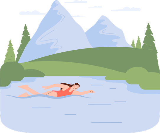Woman swims in lake  イラスト