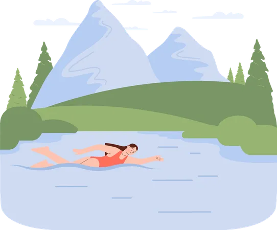 Woman swims in lake  Illustration