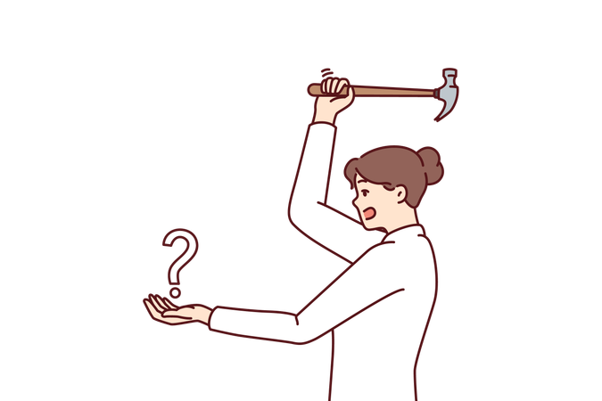 Woman swinging hammer at question mark  Illustration