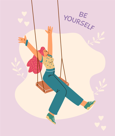 Woman swinging on a swing on a purple background  Illustration