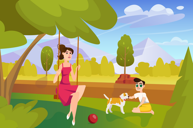 Woman swinging wing and son playing with dog  Illustration