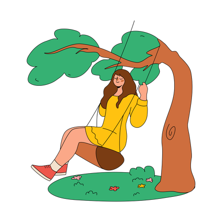 Woman Swings On A Swing In The Garden  Illustration