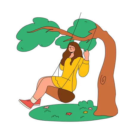 Woman Swings On A Swing In The Garden  Illustration