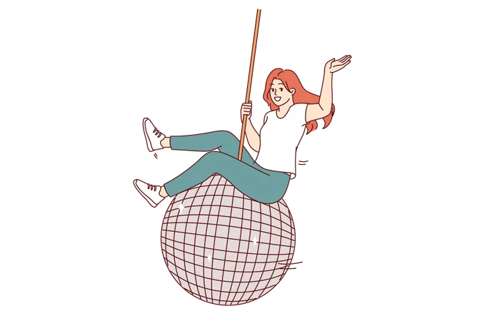 Woman swings on large disco ball and waves hand welcomingly inviting guests to student party  Illustration