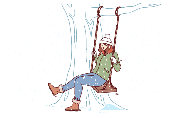 Woman swings on swing in winter park rejoicing at falling snow and approach christmas or new year  Illustration