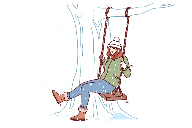 Woman Swings On Swing In Winter Park Rejoicing At Falling Snow And Approach Of Christmas Or New Year Young Girl Laughing Relaxing In Nature In Cold Weather During Winter Holidays イラスト