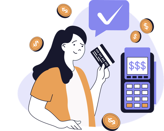 Woman swipes credit card  Illustration