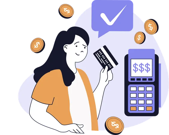 Woman swipes credit card  Illustration