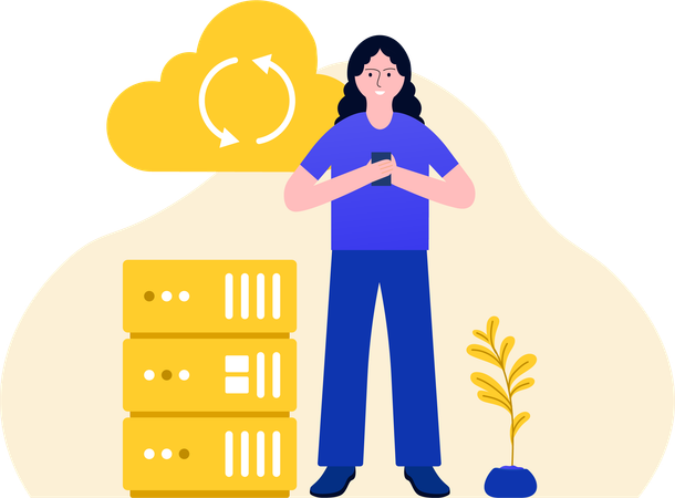 Woman Synchronizing Data Using Phone  Illustration