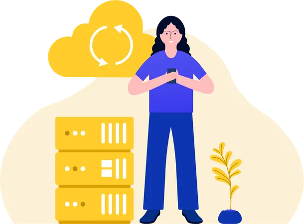 Woman Synchronizing Data Using Phone  Illustration