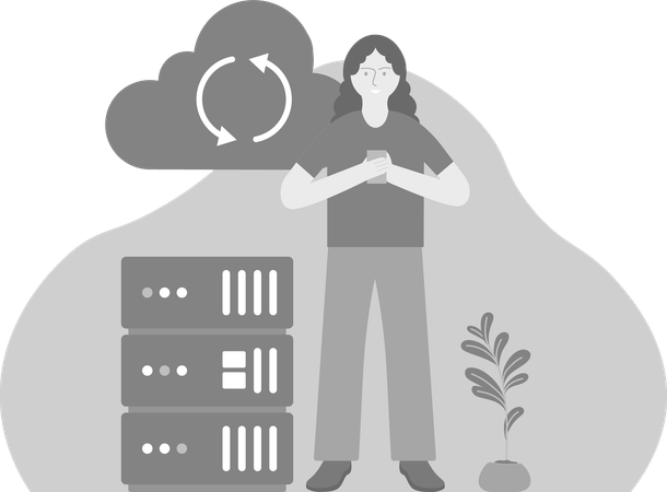 Woman Synchronizing Data Using Phone  Illustration
