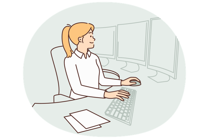 Woman system security specialist sits in monitoring center at table with many displays  Illustration