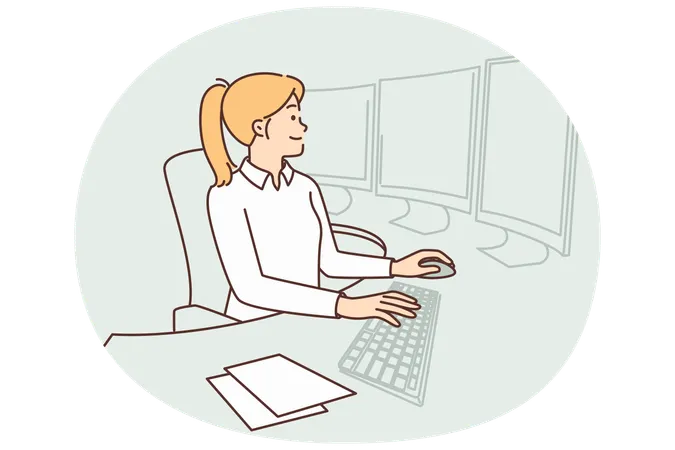 Woman system security specialist sits in monitoring center at table with many displays  Illustration