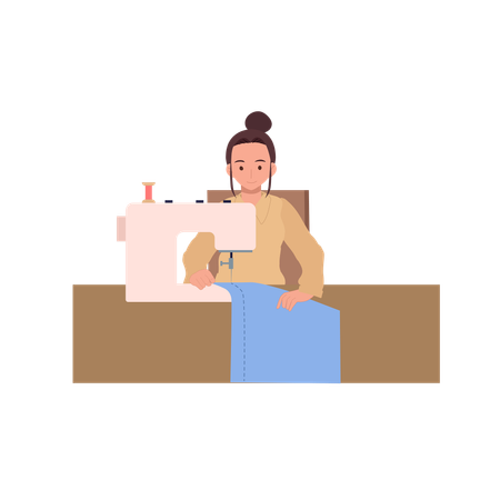 Woman tailoring with sewing machine at a worktable great for DIY clothing small business, or handmade  Illustration