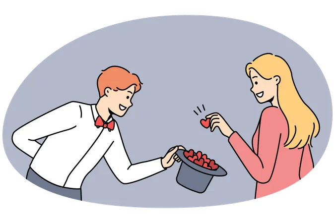 Woman take hearts from magician hat  Illustration