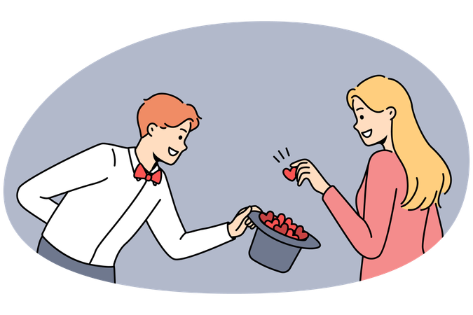 Woman take hearts from magician hat  Illustration