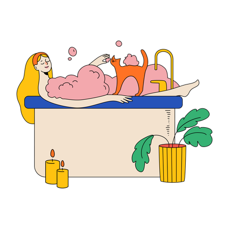 Woman Takes A Bath With Her Cat  Illustration