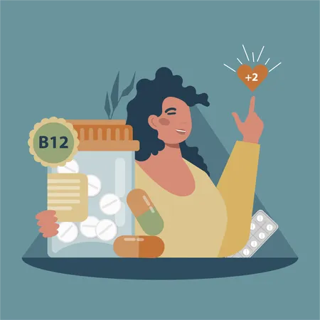 Woman takes B12 tablets  Illustration