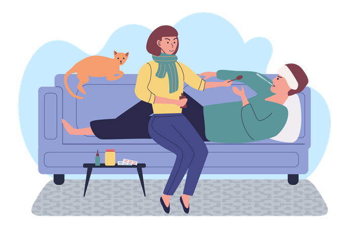 Woman takes care about man with flu Illustration