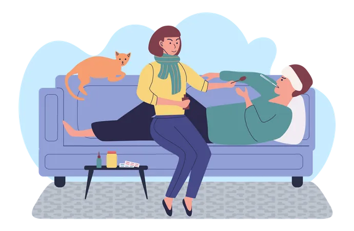 Woman Takes Care About Man With Flu Girl Giving Potion To Sick Guy Self Care And Treatment Concept Man Measures Temperature Male Character Lies With Thermometer Couple On Self Isolation Illustration