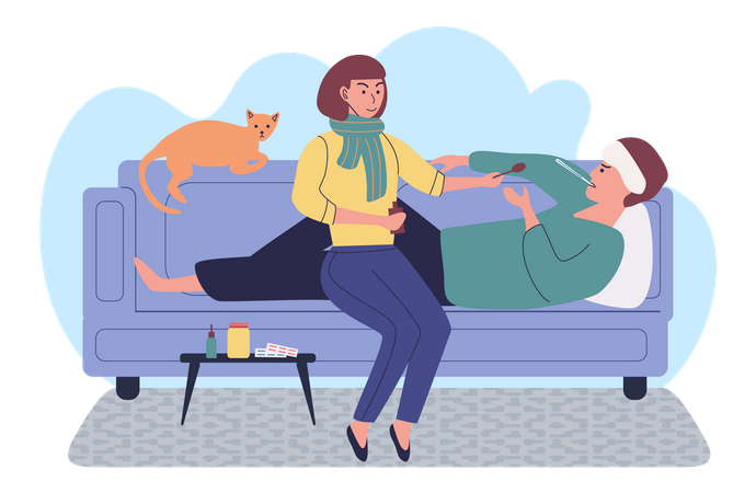 Woman takes care about man with flu  Illustration