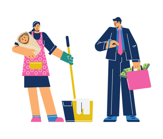 Woman takes care of child and home and busy man earning money  Illustration
