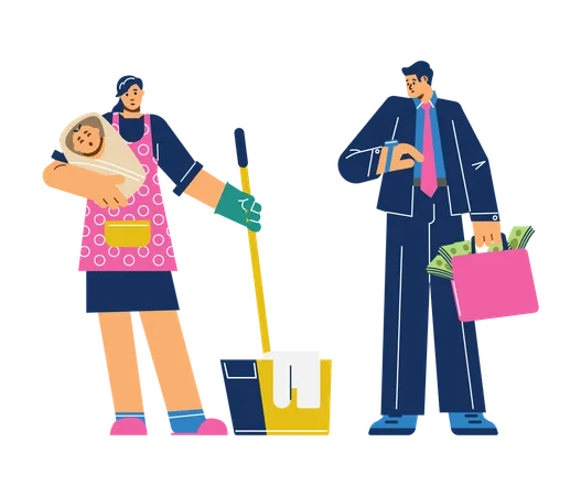 Woman takes care of child and home and busy man earning money  Illustration