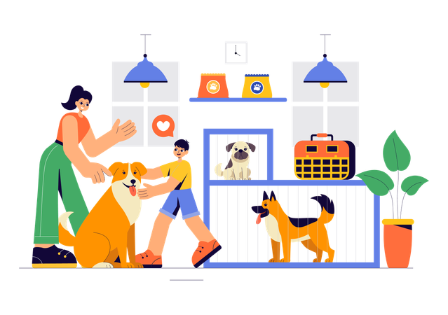 Woman takes care of pet dog in agency center  Illustration