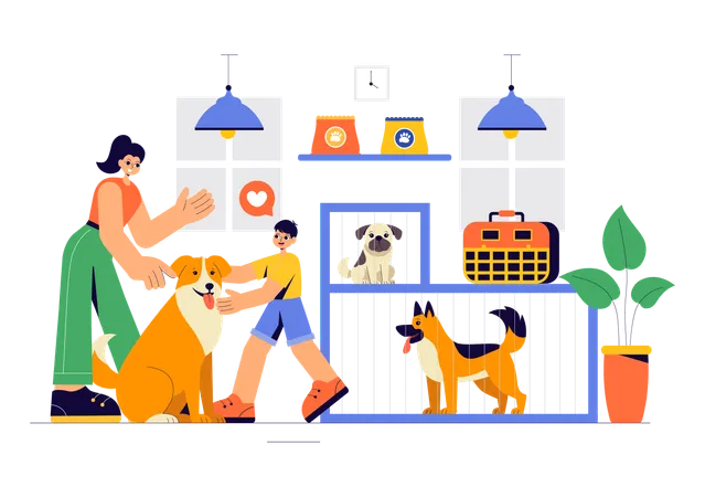 Woman takes care of pet dog in agency center  Illustration