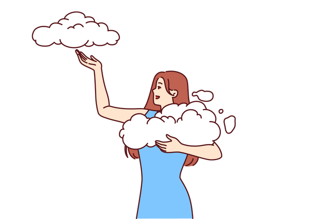 Woman takes clouds from sky enjoying clear weather available thanks to clean environment  Illustration