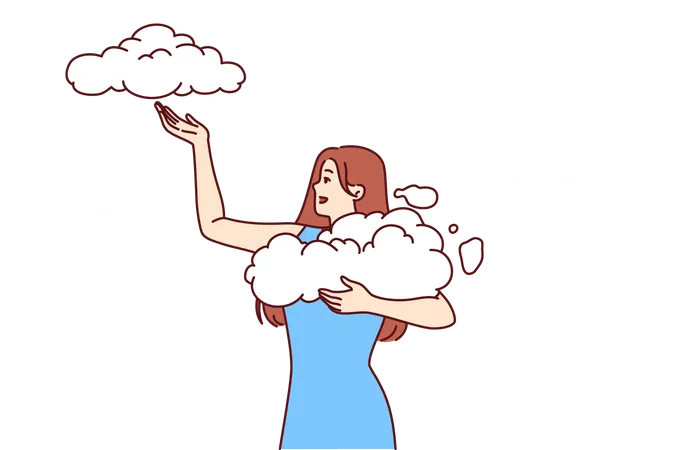 Woman Takes Clouds From Sky Enjoying Clear Weather And Fresh Air Available Thanks To Clean Environment Young Girl Seeing Wonderful Dream About Opportunity To Hold Clouds With Firmament In Hands Illustration
