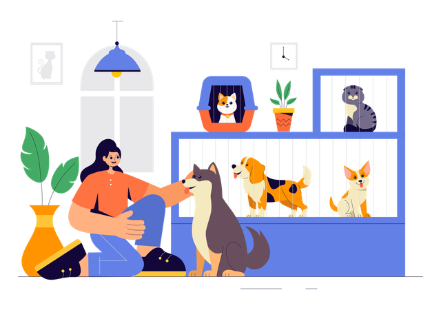 Woman takes dog to Pet Adoption Center  Illustration